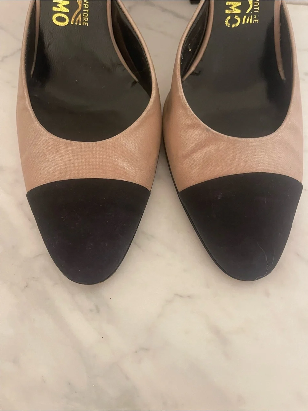 Salvatore Ferragamo Two-Tone Beige and Black Ankle-Strap Pumps